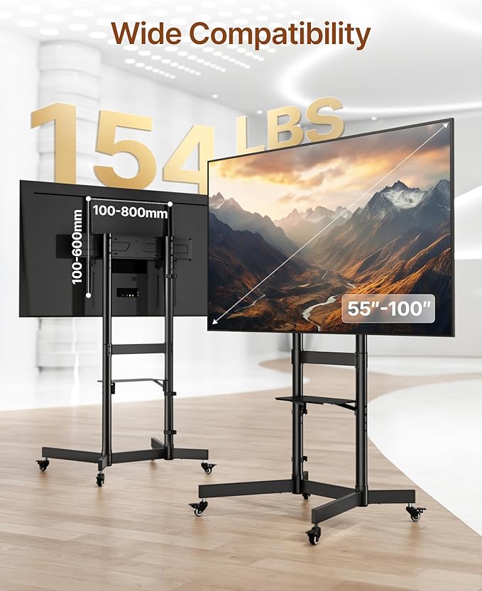 Heavy-Duty Rolling TV Stand for 55–100" Screens — Supports 165 lbs, Stable