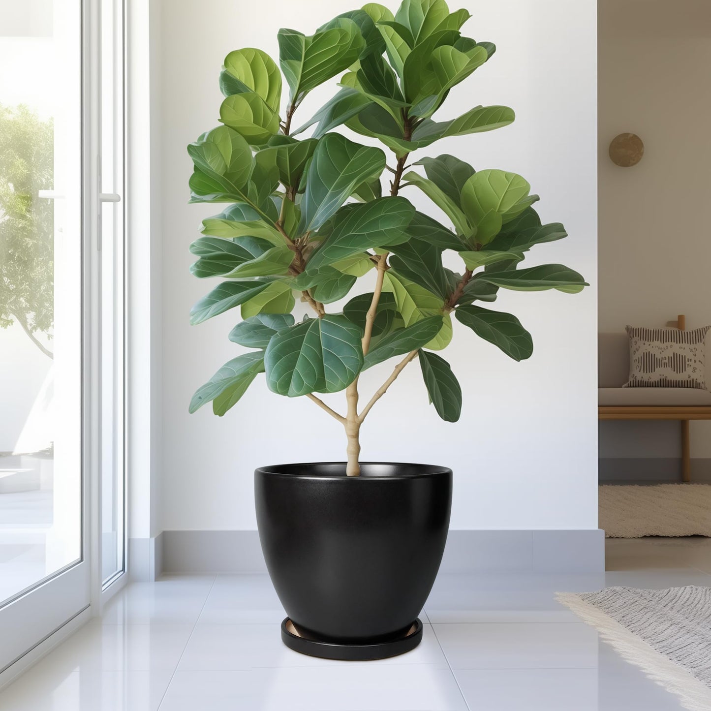 EPFamily Ceramic Planter - 10 Inch Plant Pot with Drainage Hole and Tray, Round Flower Pots, Planters for Indoor Plants, Modern Room Garden Patio Bathroom Living Room Porch Home Decor, Black