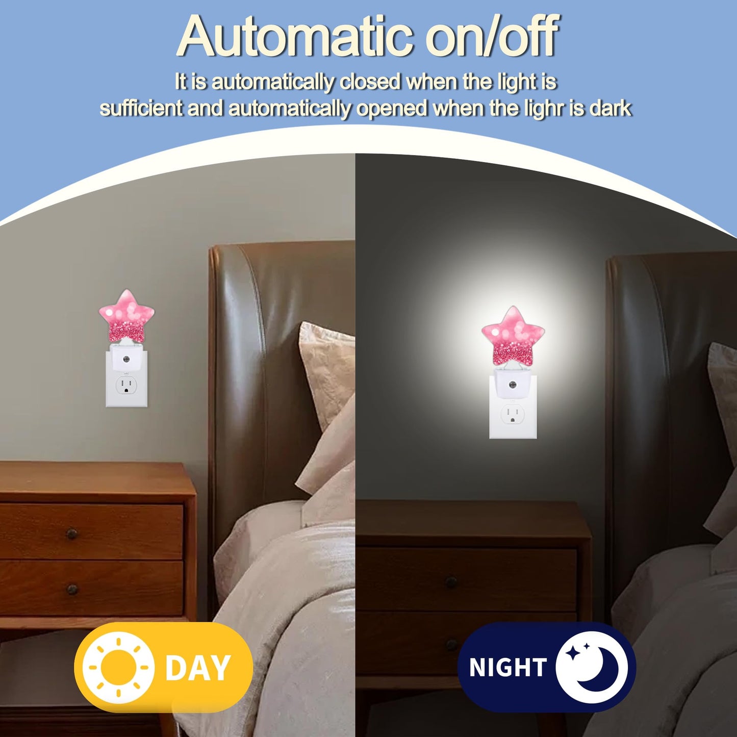 Pink Red Glittering Dusk to Dawn Star Night Light,Abstract Christmas Smart Sensor Nightlight for Bedroom Kitchen Hallway Stairs,Plug-in Energy Efficient Decor Desk Lamp Women Men Gifts