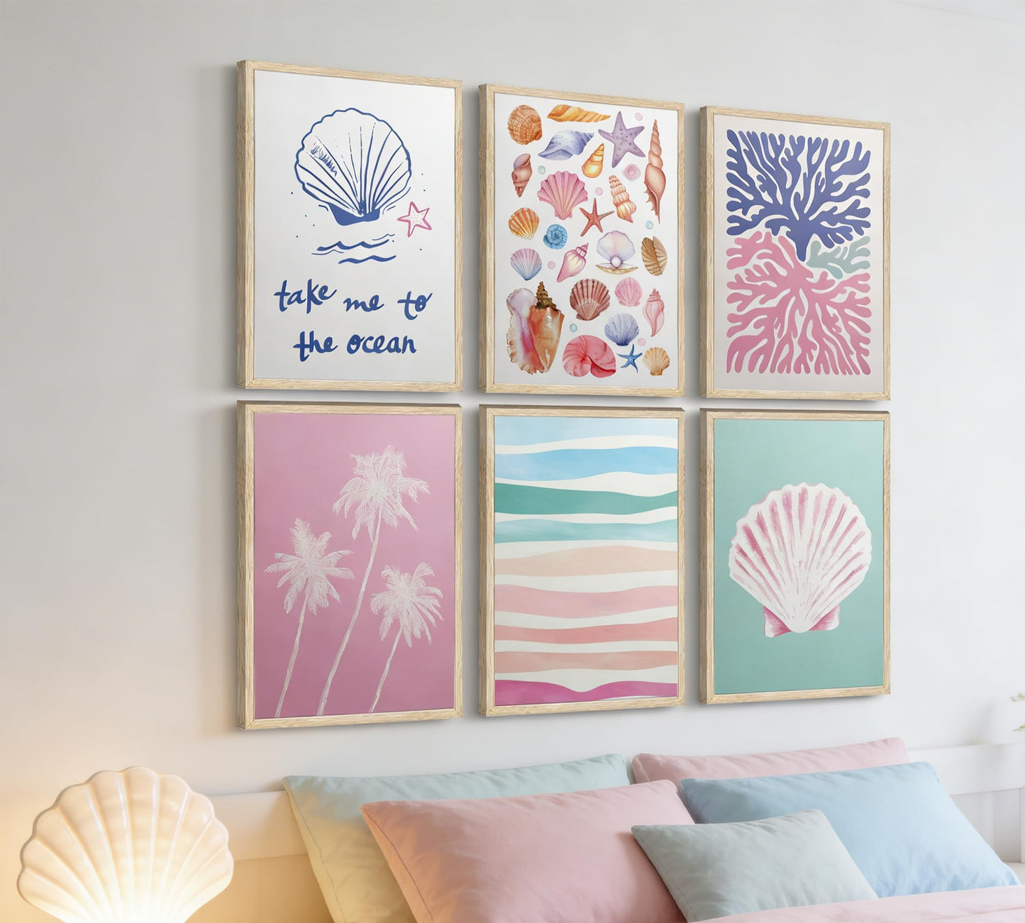 Pink and Blue Coastal Wall Art, 6 Pcs Preppy Beach Wall Decor, Unframed Canvas Posters for Bathroom Bedroom, Seashell Coral Palm Tree Ocean Prints, Neutral Boho Beach House Decor 12x16in Unframed