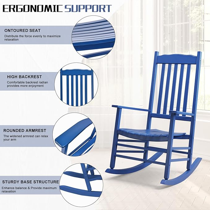 Outvita Outdoor Rocking Chair, Solid Wood High Back Rocker, All Weather Lounge
