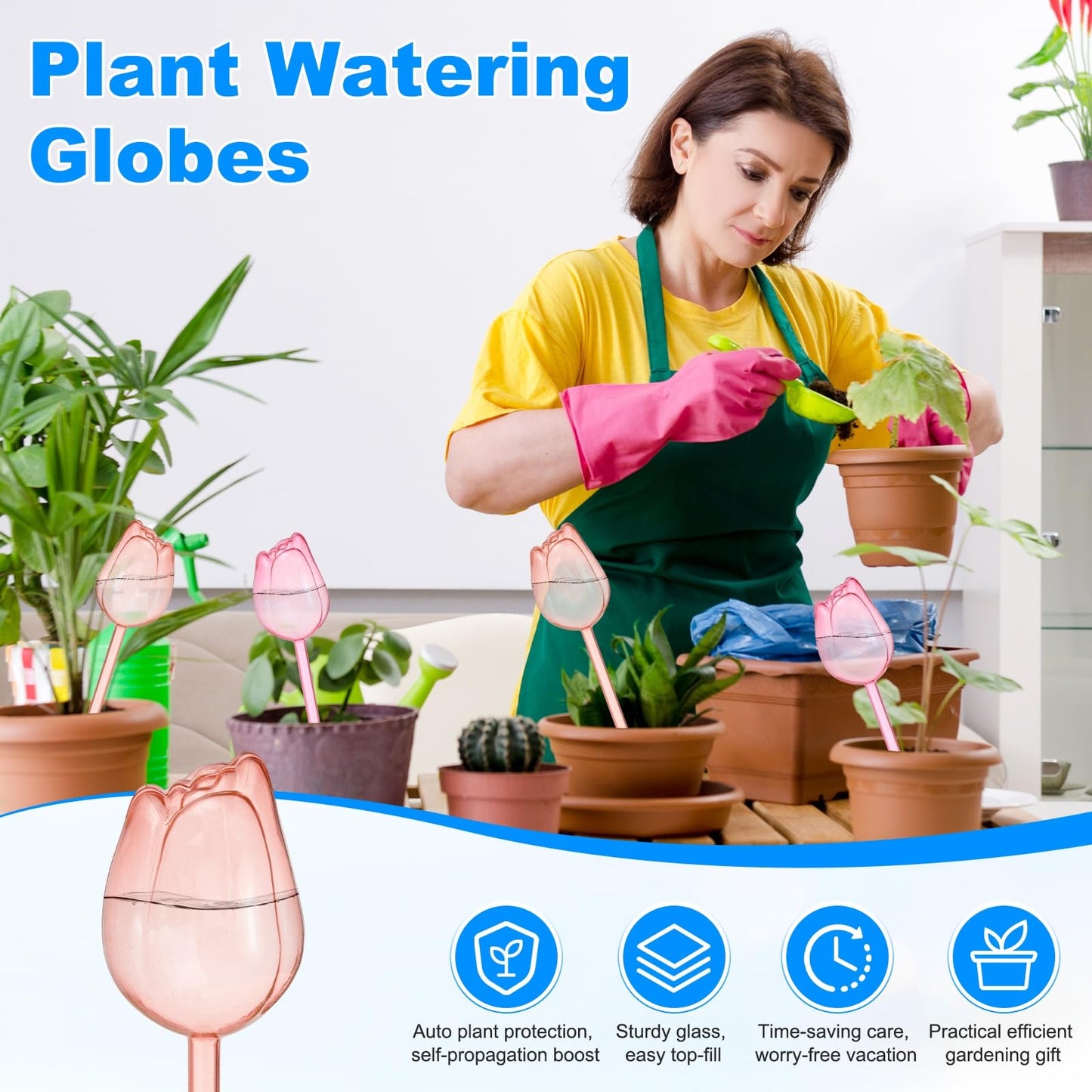 M METERXITY 4-Pack Plant Watering Globes, 9.4 Inch Plastic Self Watering Planter Insert for Indoor/Outdoor Plants, Self Water Devices [Champagne/Pink]