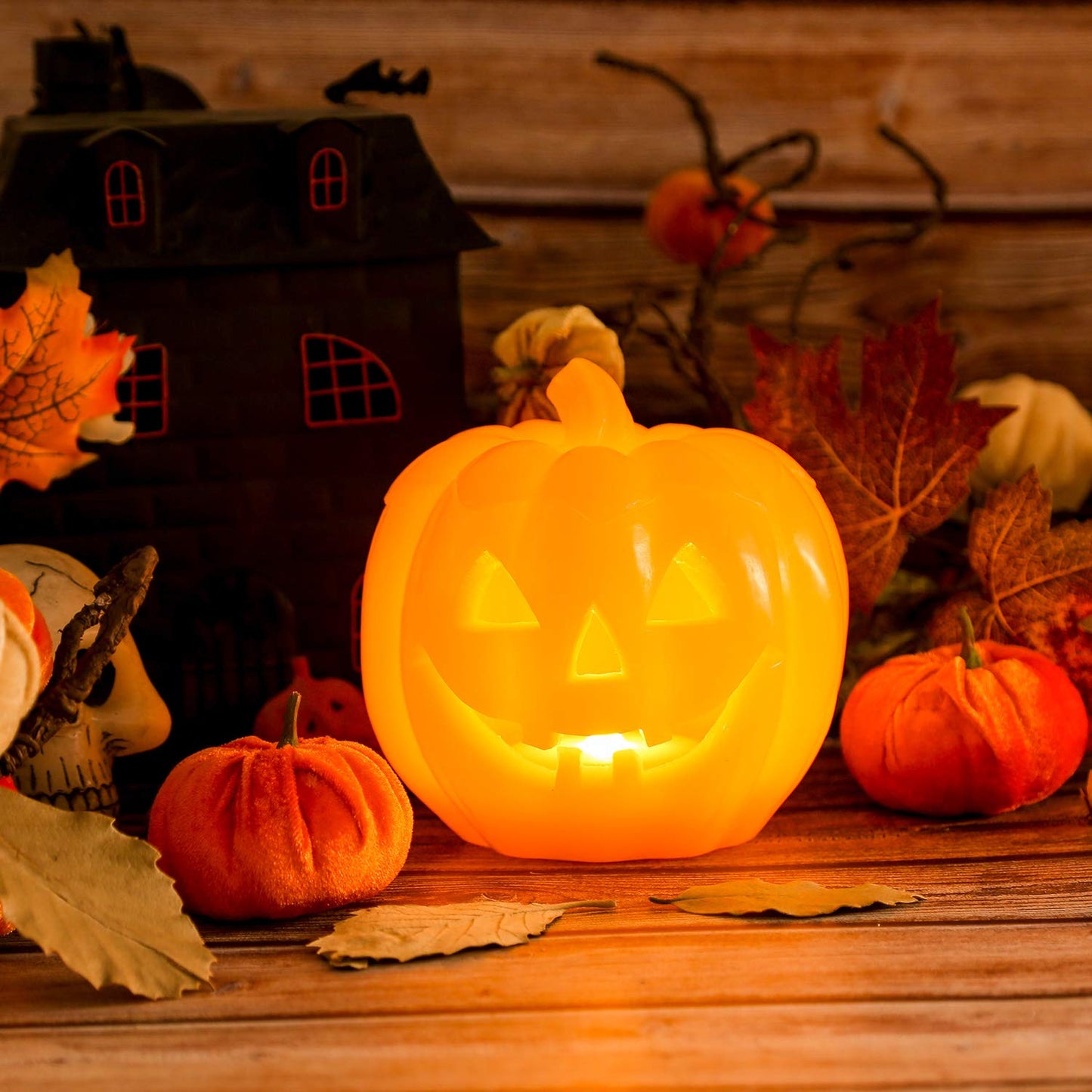 Romingo Decoration flameless Pumpkin Candle Halloween Smile Lighted Pumpkin with 10-Key Remote, Pumpkins Shaped Flameless Real Wax Flickering Candle with Timer for Home Table Centerpiece Decoration