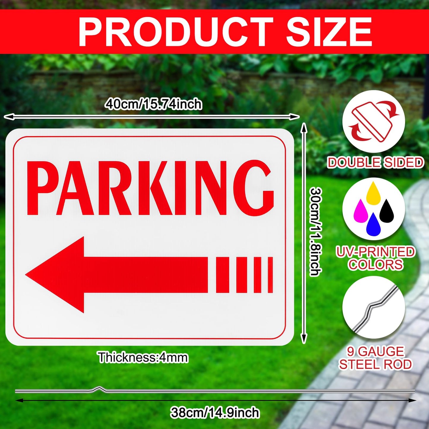 Qunclay 4 Pcs Event Parking Sign with Stake, with Directional Arrows 12 x 16 Inch Double Sided Corrugated Plastic Guest Parking Sign for Outdoor Yard(Red)