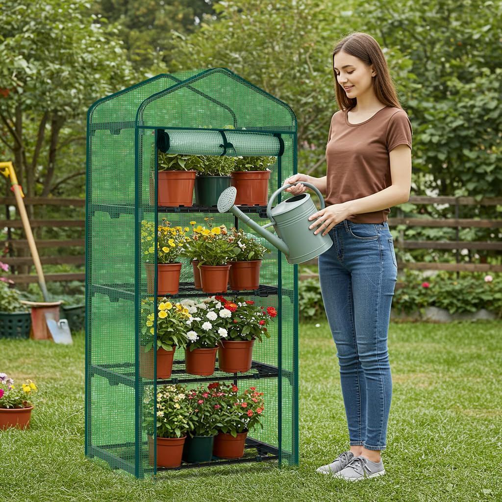 Outvita Mini Greenhouse, Small PE Plant Green House with 4 Tiers Rack, Shelf Clips, Roll-up Zipper Door, Gardening Supplies for Indoor Outdoor Seedling Frost Protection , 27"x19.6"x63" Green