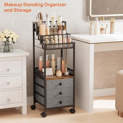Display Riser Stand Perfume Cologne Organizer, 13in Rolling Makeup Storage Cart with Fabric Drawers, Floor Vanity Cosmetics Display Cases for Skin Care Nail Polish Figures Rustic Brown