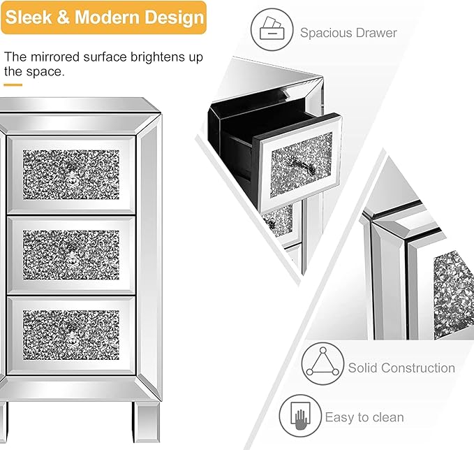 VINGLI 3-Drawer Mirrored Nightstand Bedside Table Modern Night Stands Set of 2