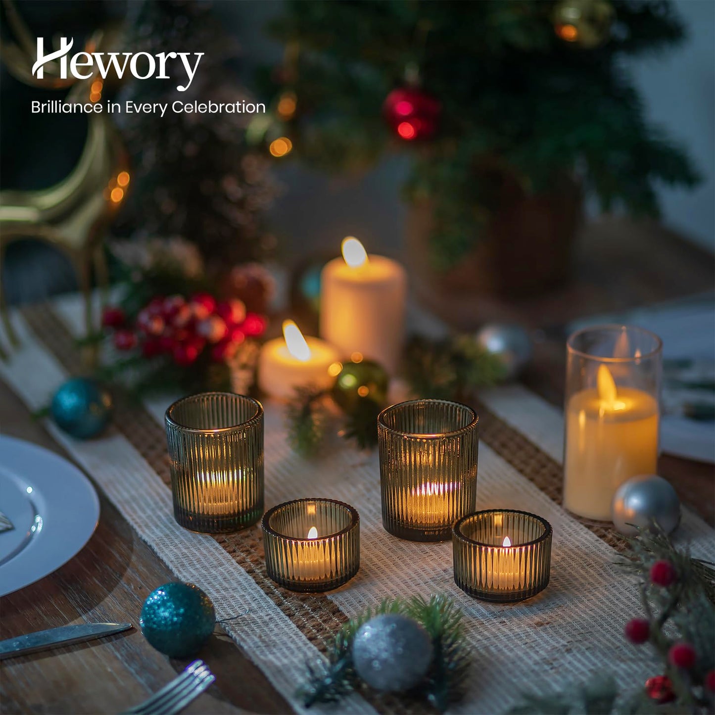 Hewory Glass Tealight Candle Holder: 8 Pcs Dark Green Votive Tea Lights Candle Holder, Ribbed Tea Light Holders Fall Decorations for Thanksgiving Table Centerpiece Wedding Party Home Decor
