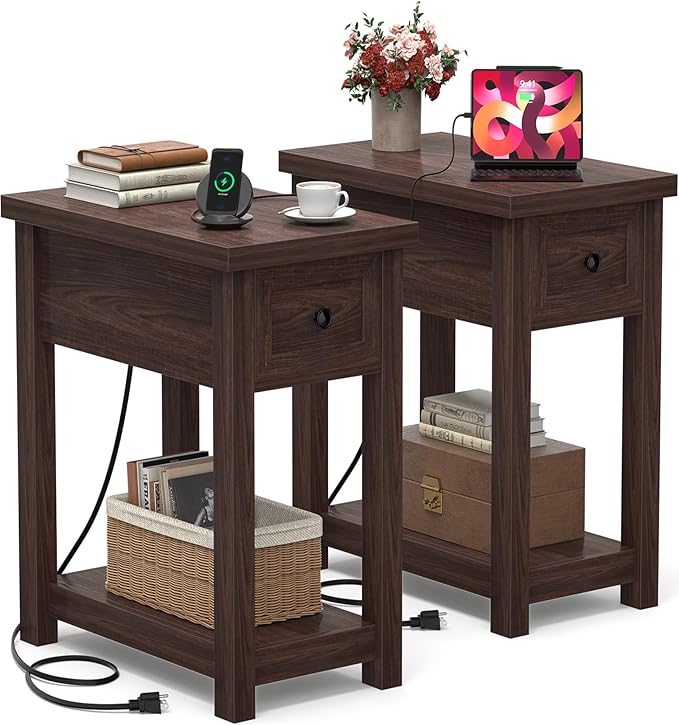 Narrow End Table Set of 2 with Charging Station