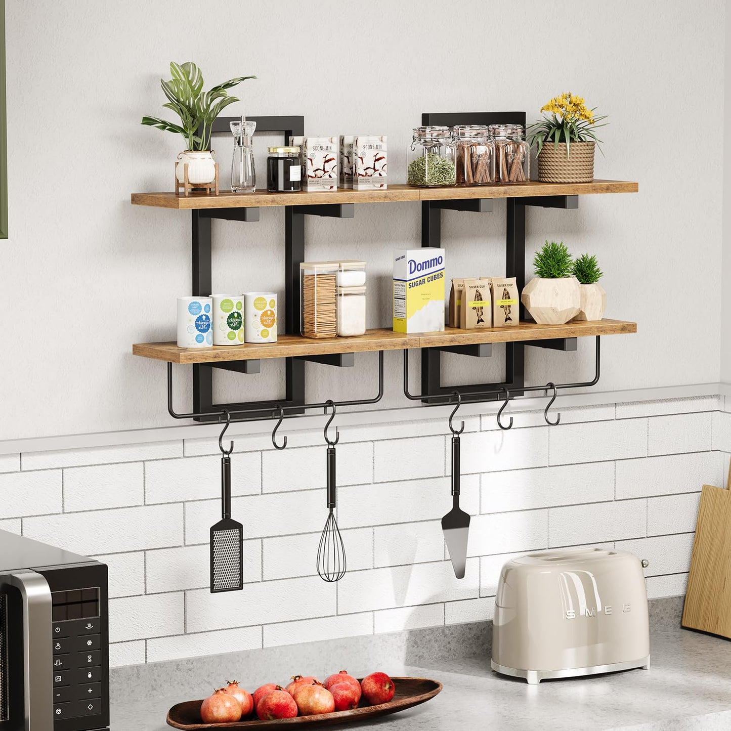 Creso hom Floating Shelves for Wall Set of 2, Wood Wall Shelf with 6 Hooks, 2 Tier Hanging Decorative Storage Shelves for Living Room Bedroom Bathroom Kitchen Office Coffee Bar, Rustic Brown