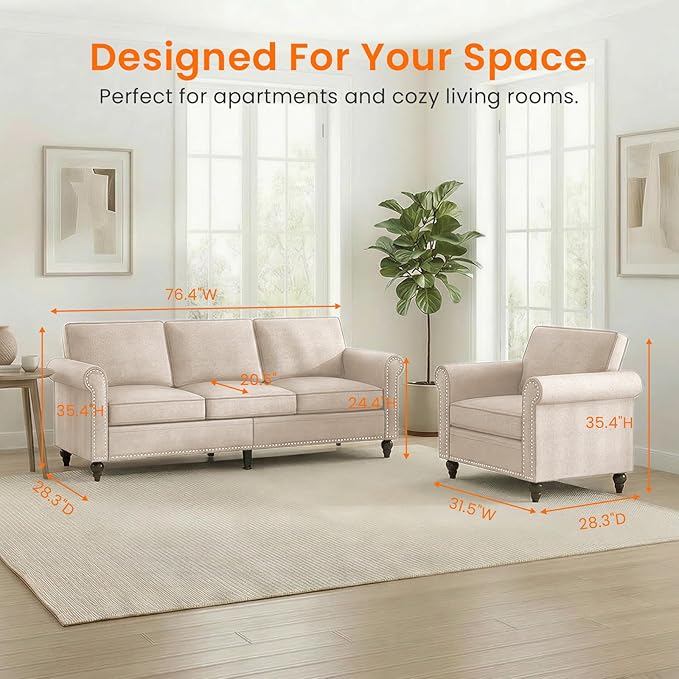 2 Piece Living Room Sofa Sets, Modern 3 Seater Sofa and Armchair Sets, Linen