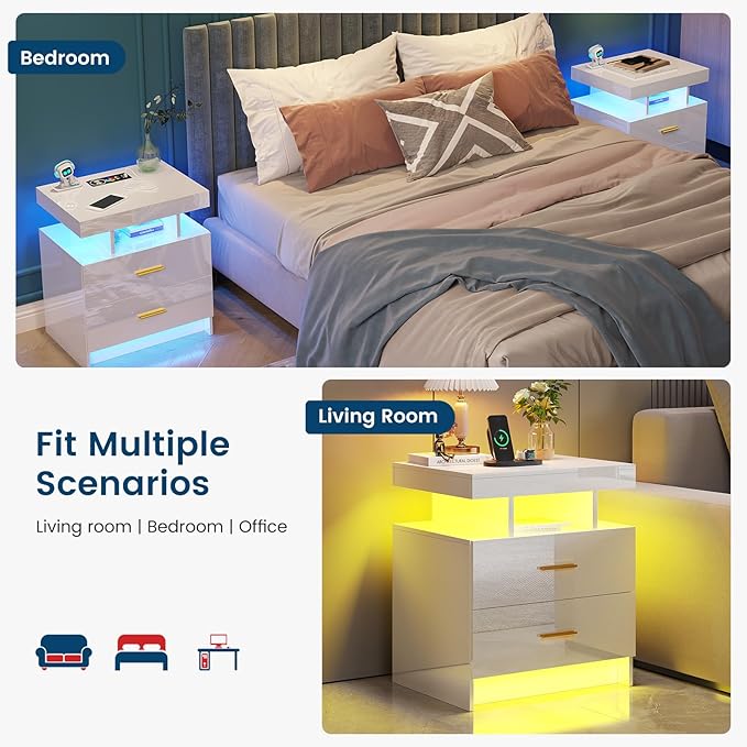 HNEBC Auto LED Nightstand with Wireless Charging Station & USB Ports, High