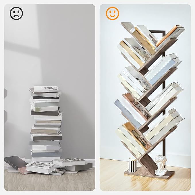 HOOBRO Tree Bookshelf, 9-Tier Bookcase Wooden Shelves, Floor Standing Storage