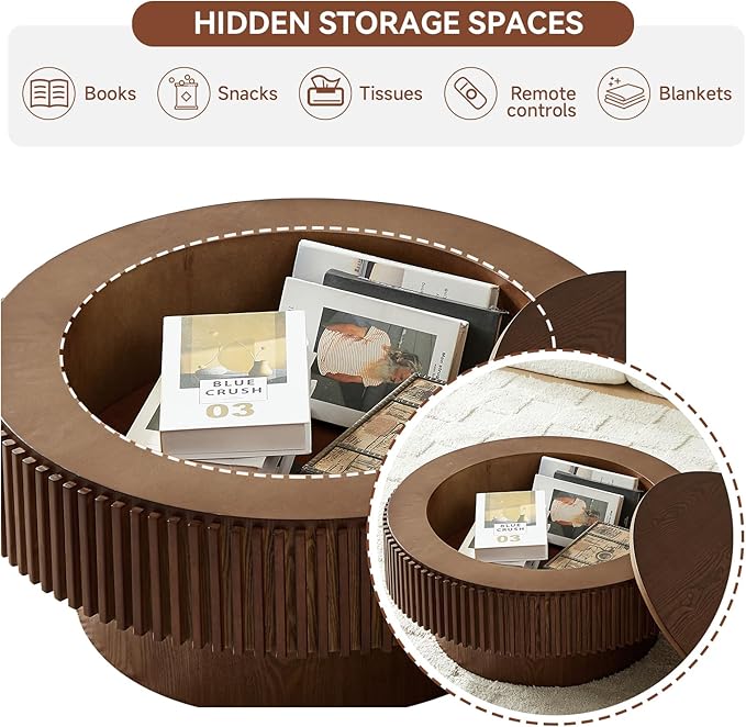 Round Coffee Table for Living Room, Fluted Drum Accent Tea Center Table