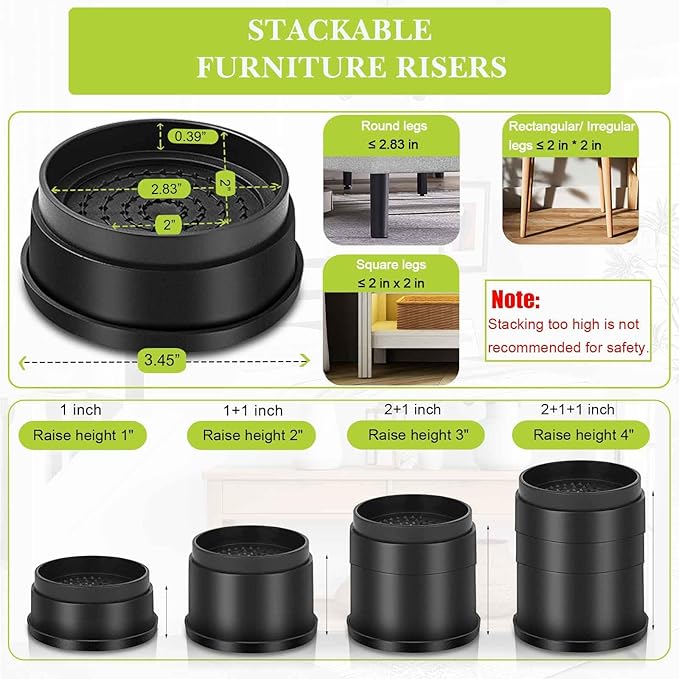 4 Pack Furniture Risers 1 Inch, Adjustable Bed Risers Heavy Duty