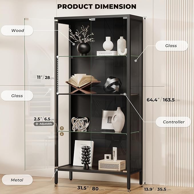Display Cabinet with Glass Doors, 4-Tier Curio Cabinet with 3 Color Lights