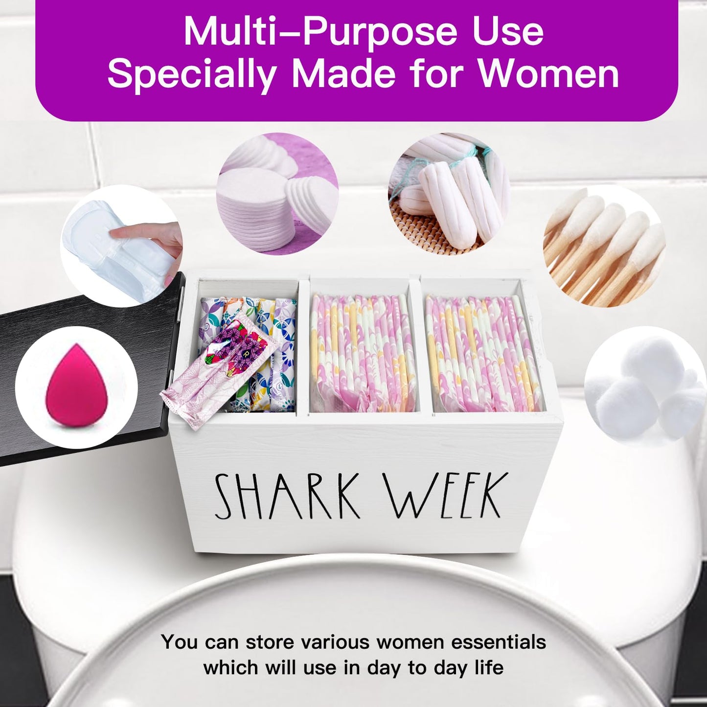 MISTOD Tampon Holder for Bathroom, Pad And Tampon Organizer with Tray Lid, Wood Feminine Product Organizer Shark Week Tampon Storage, Bathroom Accessories Small Storage Box - White
