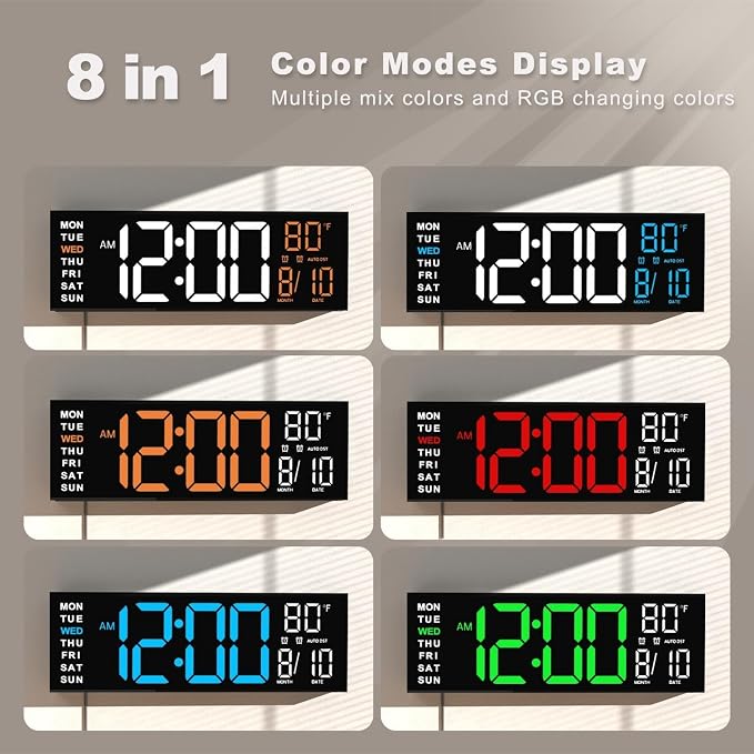 JALL 16" Large Digital Wall Mount Clock, Count Down Timer, Alarm, Big LED, RGB Color, DST, Temperature for Living Room Classroom Desk, Xmas, Birthday Gift for Senior Mom Dad (Blue White, 16 inches)