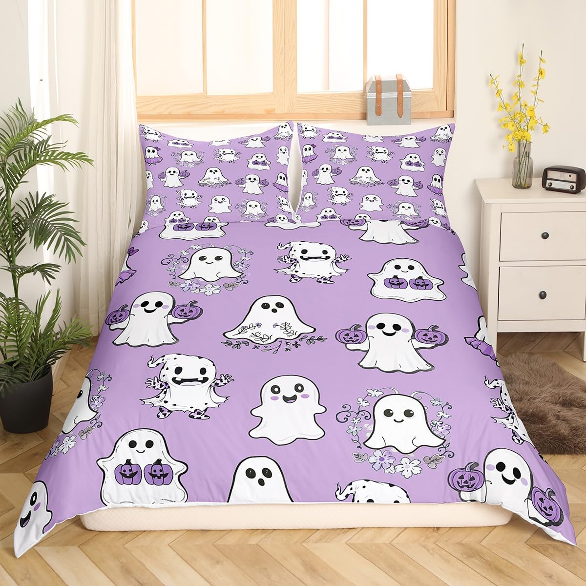 Cute Ghost Kids Duvet Cover Set Full Size, Halloween Theme Purple Bedding Set for Boy Girls, Pumpkin Lantern Floral Ghosts Comforter Cover, Soft Polyester Quilt Cover, 2 Pillowcases, No Comforter