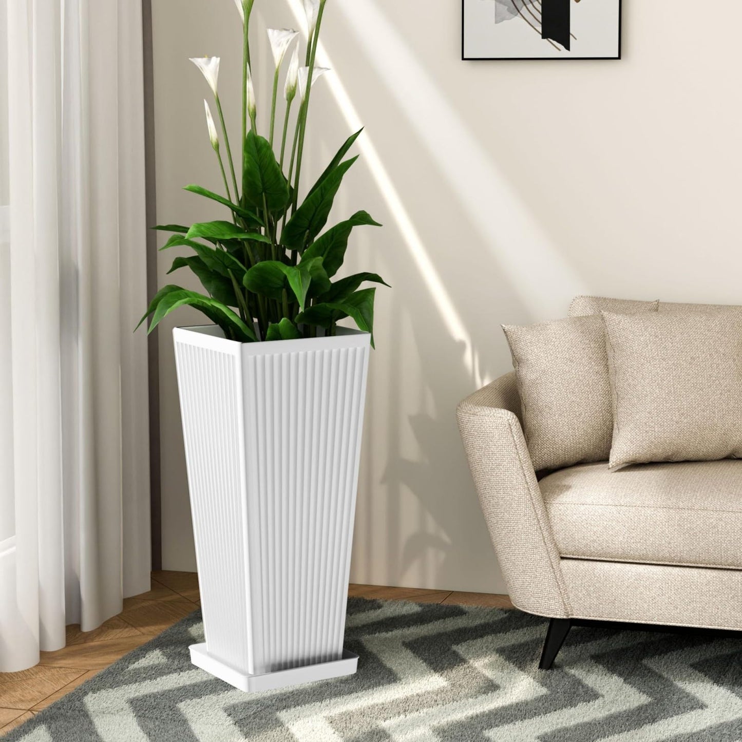 Diyfire Front Porch Planters Outdoor Set of 2, 24" Tall Plastic Planters for Outdoor Plants with Drainage, Extra Large Outdoor Planter Pots, Tapered Tall Planters for Front Door & Indoor Plants, White