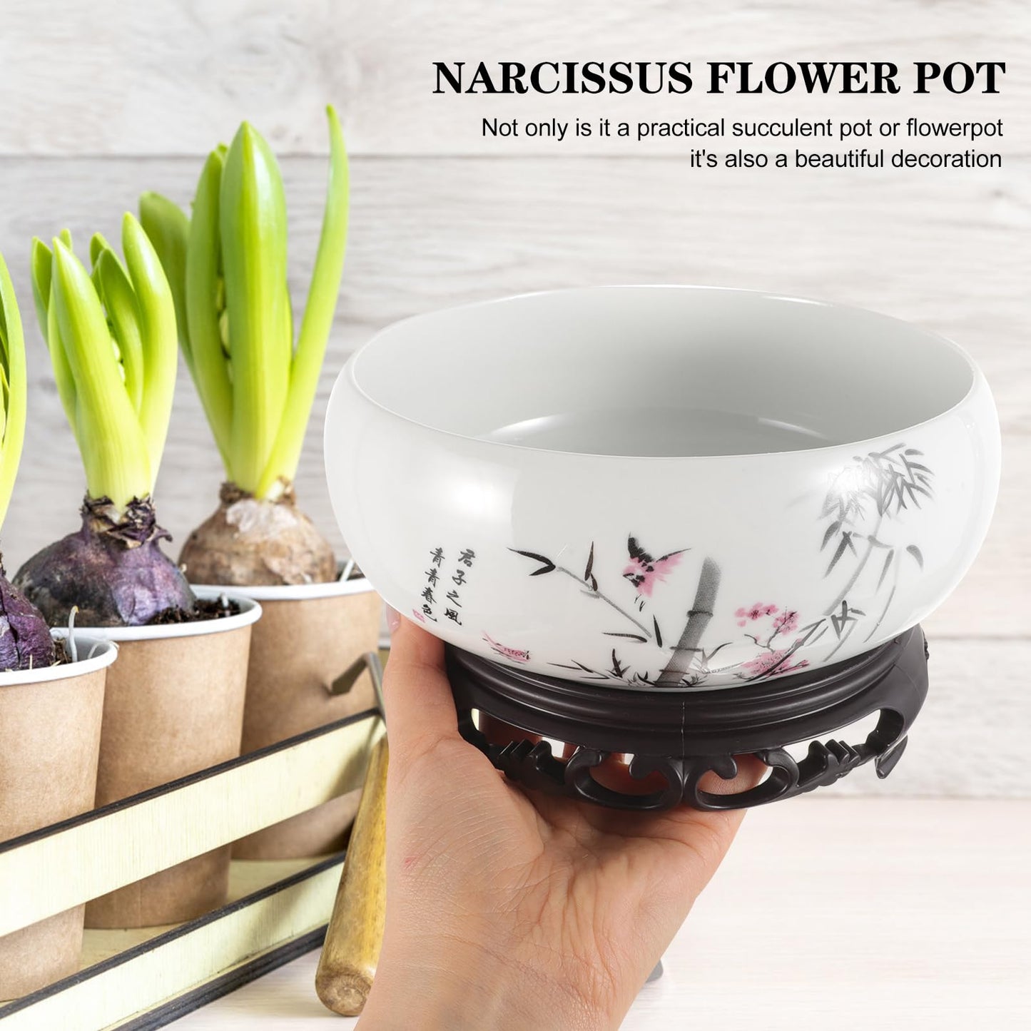 Lotus Bowl Flower Pot Ceramic Hydroponic Planter White Porcelain Bonsai Pot with Plastic Base for Indoor Water Planting Lily Lucky Bonsai Home Patio Garden Decor