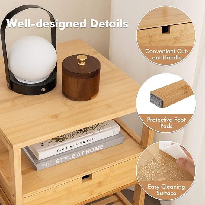Giantex Bamboo Nightstand, Wood Side Table