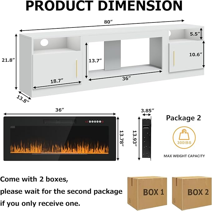 PRETZI Fireplace TV Stand with 36" Fireplace Up to 90" TVs, Remote Control