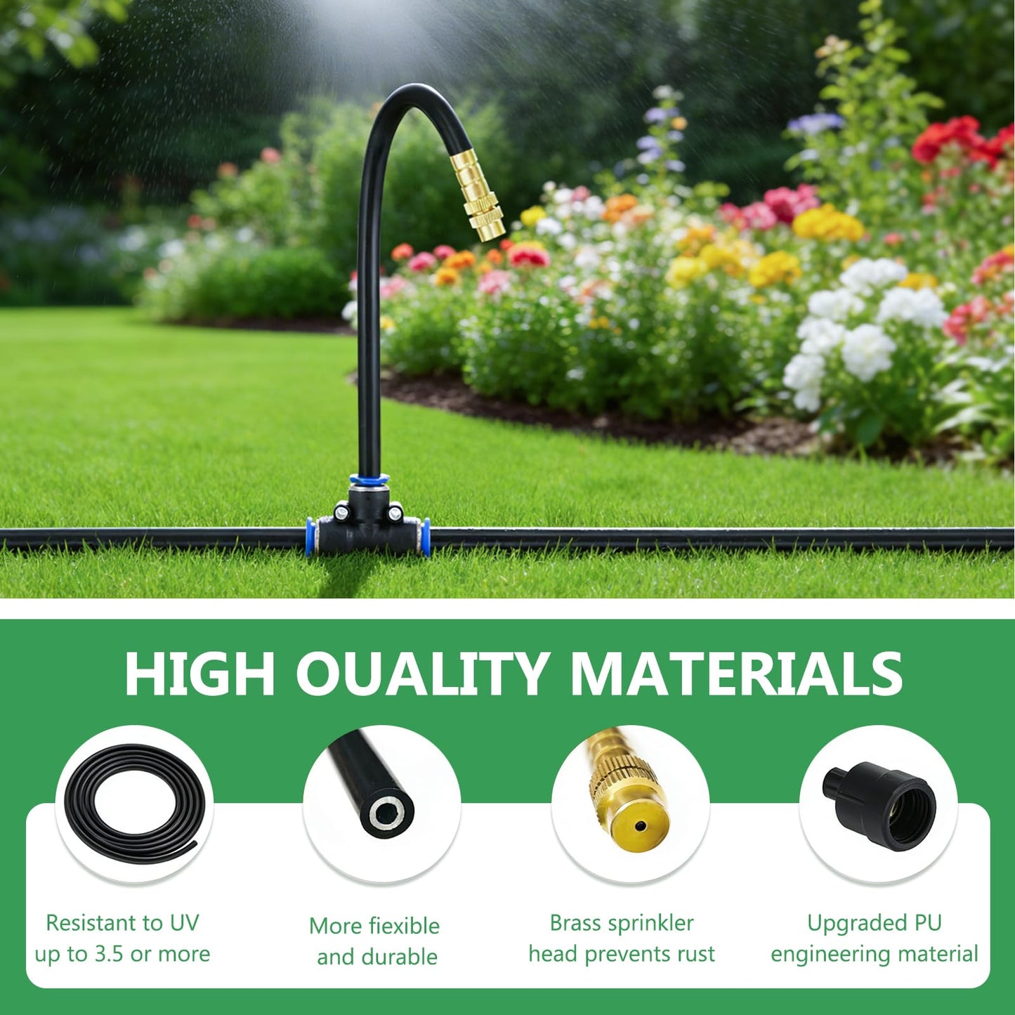 65FT 5/16 Inch Drip Irrigation System for Garden, 2025-Upgrade High-Flow Garden Watering Kit with 20 Adjustable Copper Nozzles, Even Water Distribution for Lawn & Greenhouse