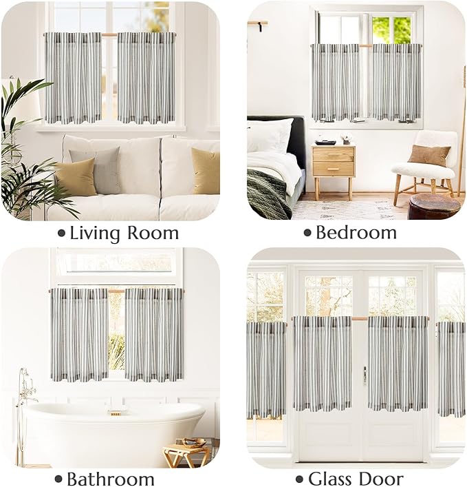 jinchan Striped Linen Kitchen Curtains 54 Inches Short Curtains Farmhouse Modern Cafe Style Window Treatments Airy Light Filtering Rod Pocket for Living Room Bathroom 2 Panels Charcoal Grey