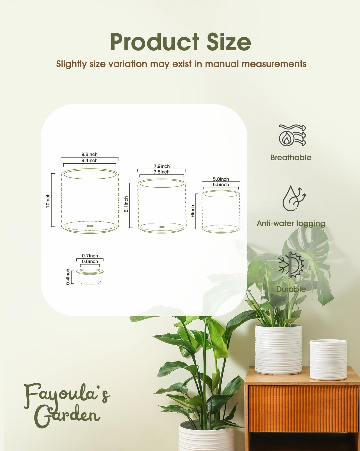 Fayoula Ceramic Planter, 10+8+6 Inch Plant Pots, Modern Striped Indoor/Outdoor Flower Pots for Succulents, Herbs, Home Office & Patio - Includes Mesh Pads & Saucer, Set of 3 ﻿