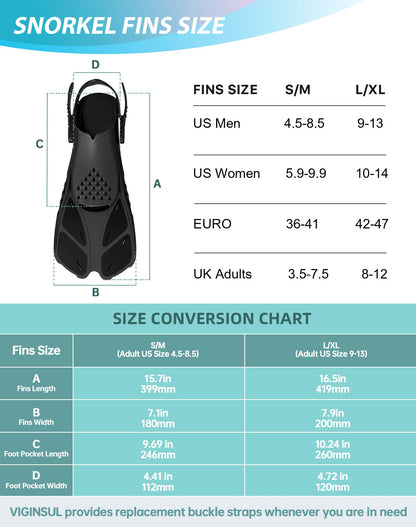 Viginsul Mask Fins Snorkeling Gear for Adults, Full Face Snorkel Mask & Adjustable Swim Fins Snorkel Set, Panoramic View Snorkel Mask Dry Top Anti-Fog Anti-Leak