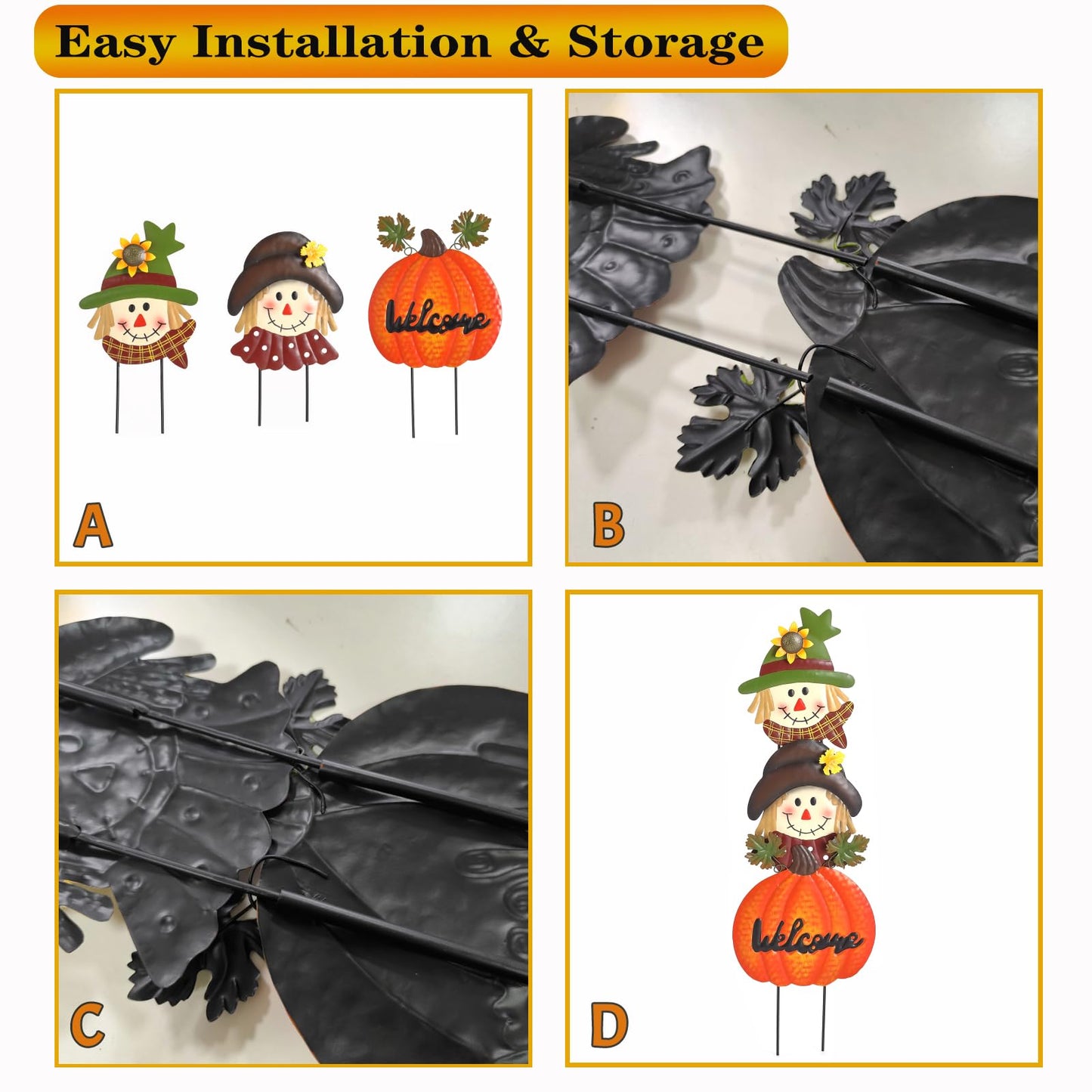 Fall Decorations for Home Outdoor, Metal Stacked Scarecrow & Pumpkin Yard Stakes, Welcome Sign Garden Stakes, Metal Yard Signs for Garden Lawn Patio Halloween/Thanksgiving Decor