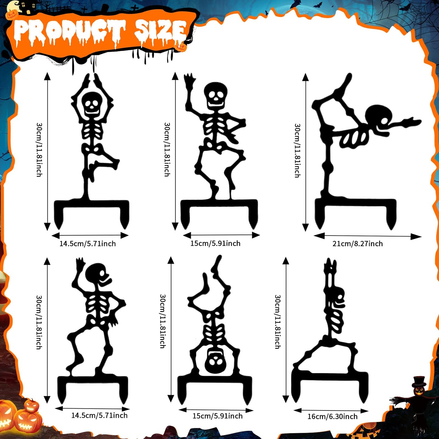 Moxweyeni 6 Pack Halloween Yard Stake 11.8" Metal Skeleton Garden Stakes Black Halloween Yard Signs Gothic Scary Decorations for Outdoor Garden Lawn Path