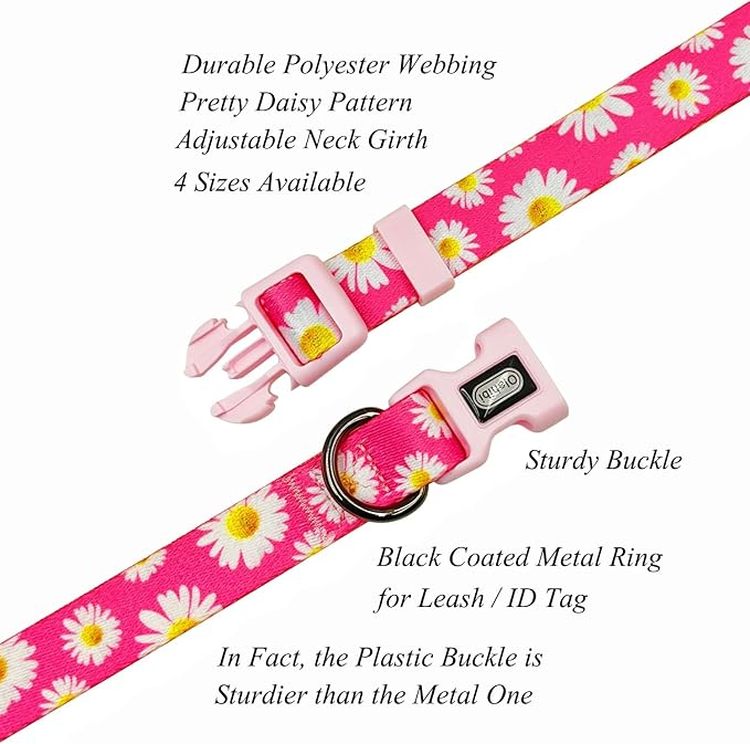 Dog Collar and Leash Set, Cute Pink Daisy Pattern, Polyester Material, 5ft Leash, for Large Dogs.(L, Daisy Set)