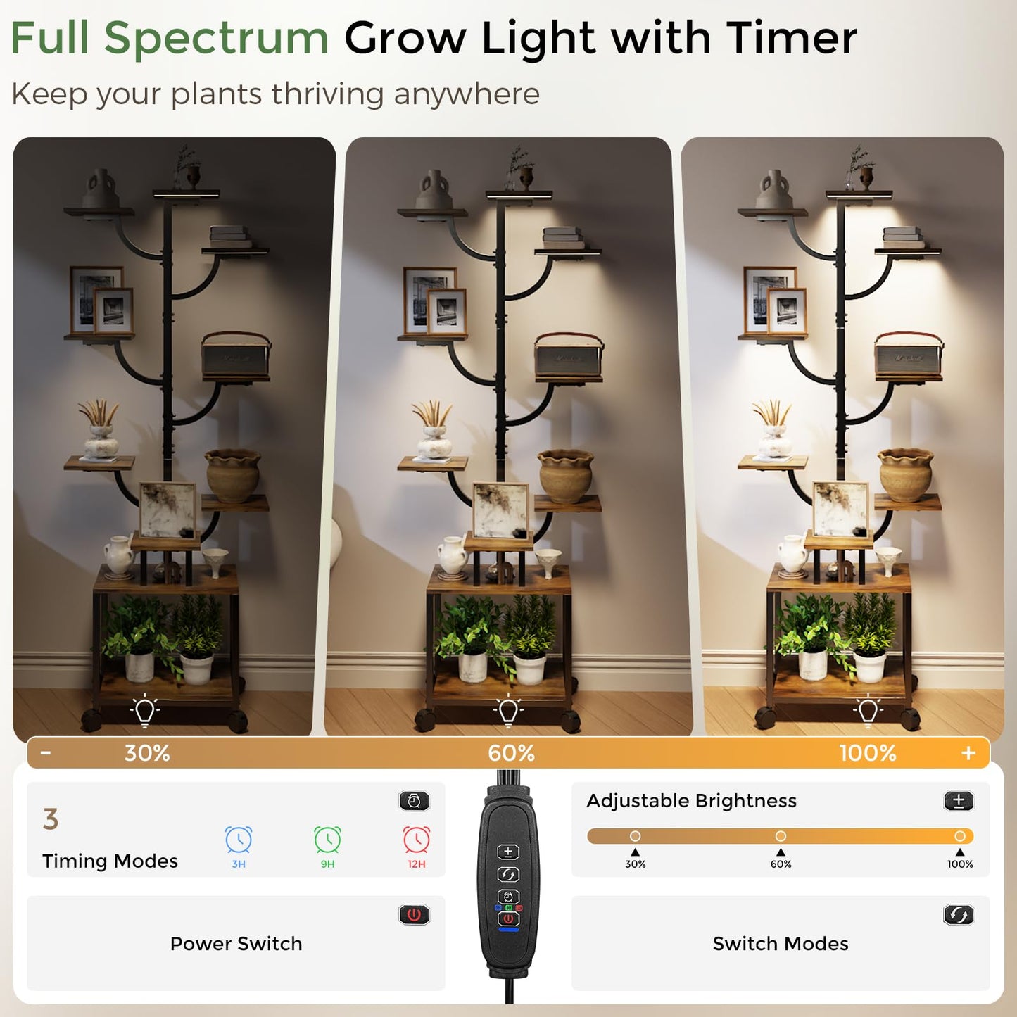 Plant Stand Indoor with Grow Lights - 9-Tier Plant Stand with Wheels, Tall Metal and Wood Indoor Plant Shelf with Tree Design, Rolling Flower Pot Holder Rack with Waterproof Finish, Adjustable Display Stand for Home Garden, Patio, 62" Tall