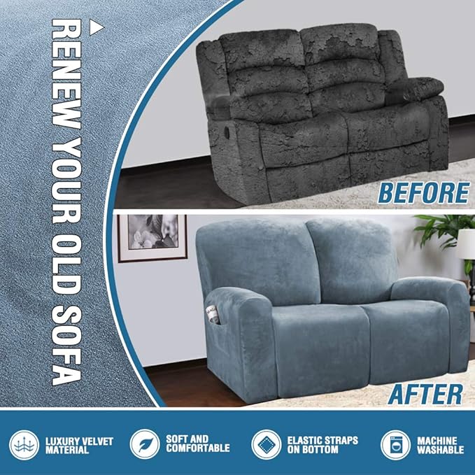 H.VERSAILTEX Velvet Stretch Recliner Couch Covers 6-Pieces Recliner Loveseat