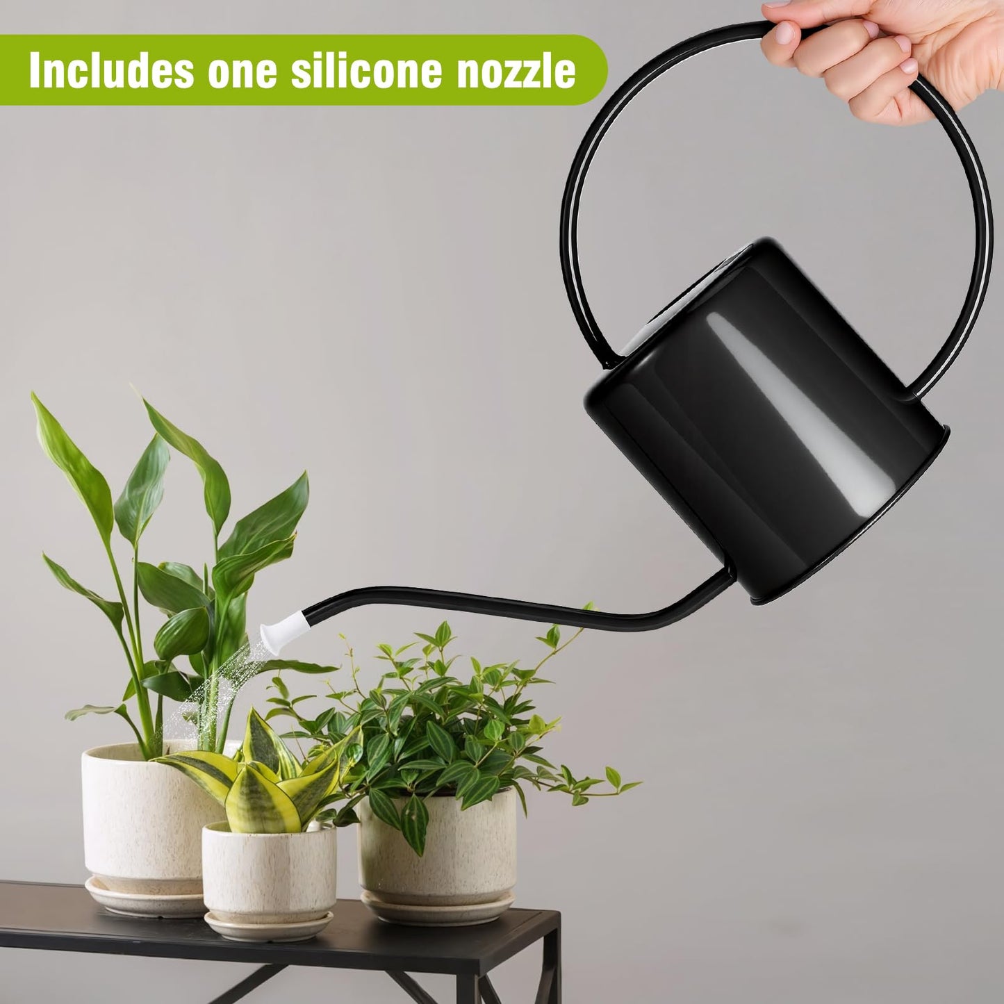 Plant Watering Can, 50 oz / 1500 ml Stainless Steel Metal - Modern Decorative with Long Spout for Indoor Potted Plants, Bonsai, Garden Flowers, Black