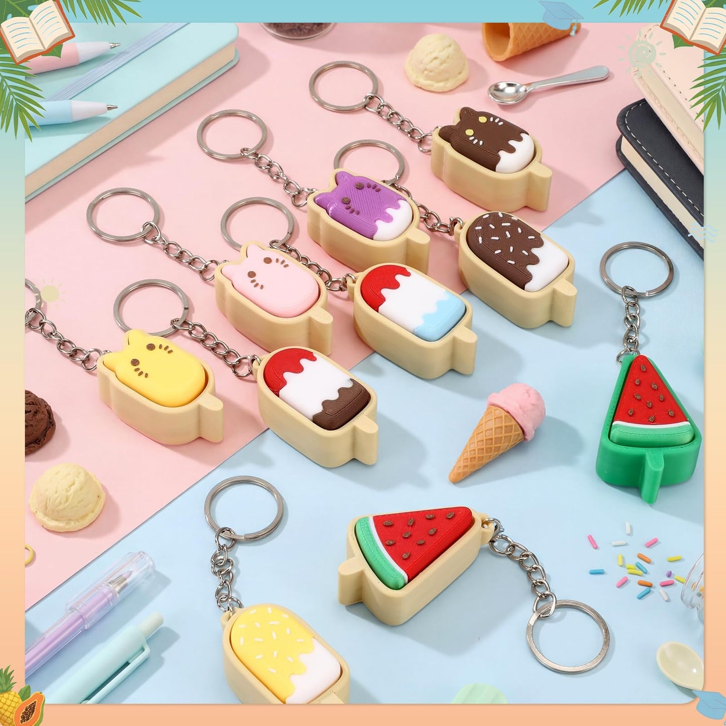 Kenning 10 Pcs Ice Cream Cone Clicker Fidget Keychains Bulk 3D Printed Sensory Clicker Fidget Toys Stress Relief Gifts for Ice Cream Party Favors Summer Birthday Goodie Bags Stuffers
