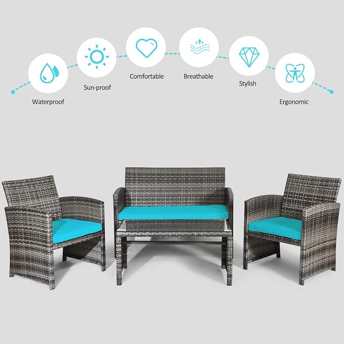 Tangkula 4 PCS Wicker Patio Conversation Set, Outdoor Rattan Sofas