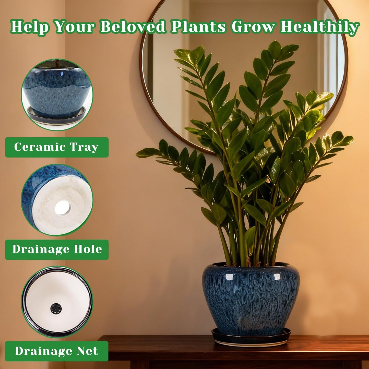 MAGP 10 Inch Large Plant Pots with Drainage Hole and Saucer, Large Ceramic Decorative Flower Pot for Plants Indoor Outdoor Planter, Round Blue