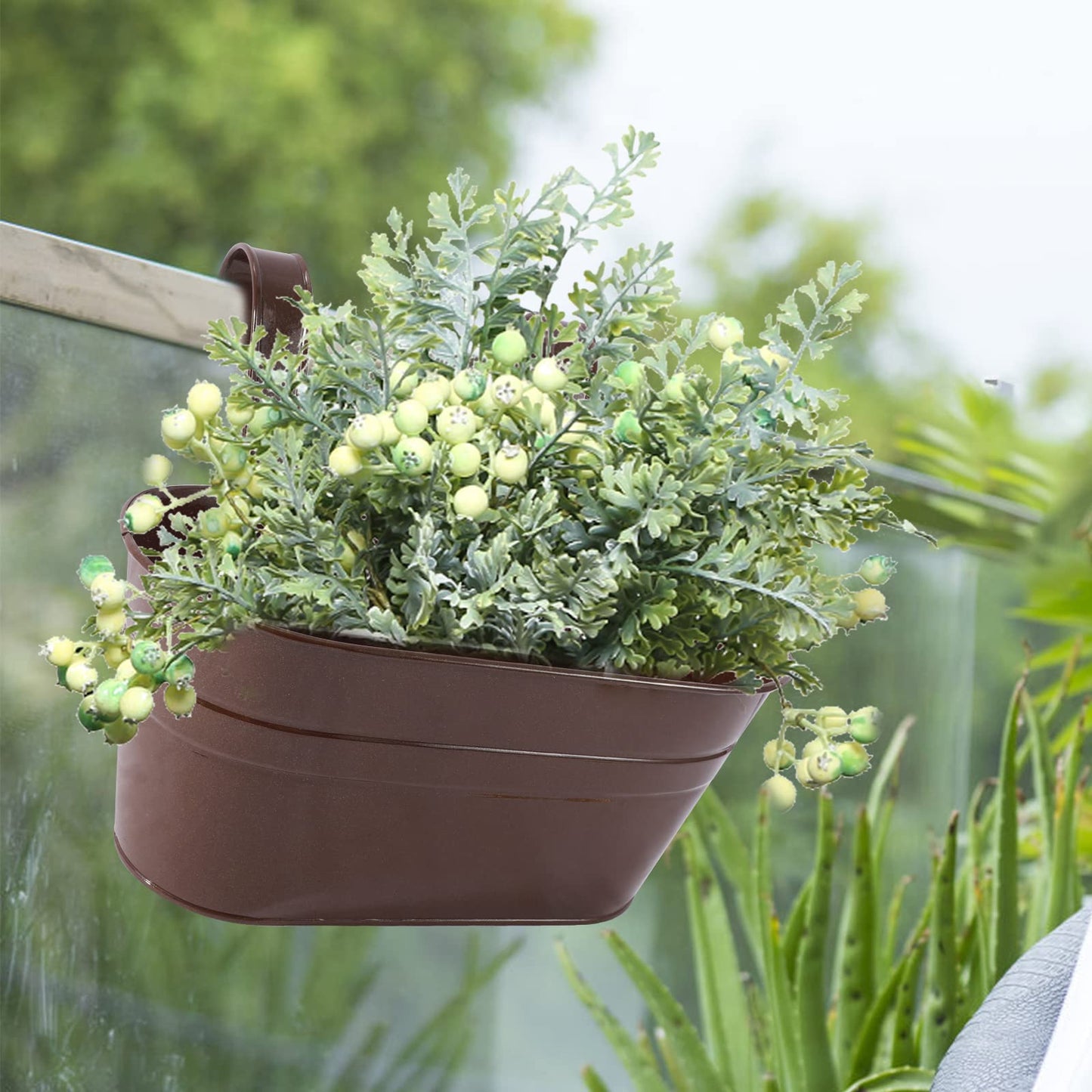 HowRU Metal Iron Flower Pots for Railing Fence Hanging Bucket Pots(5 Pcs) and Hanging Flower Pots Metal Iron Bucket Planter(10 Pcs) (Bronze)