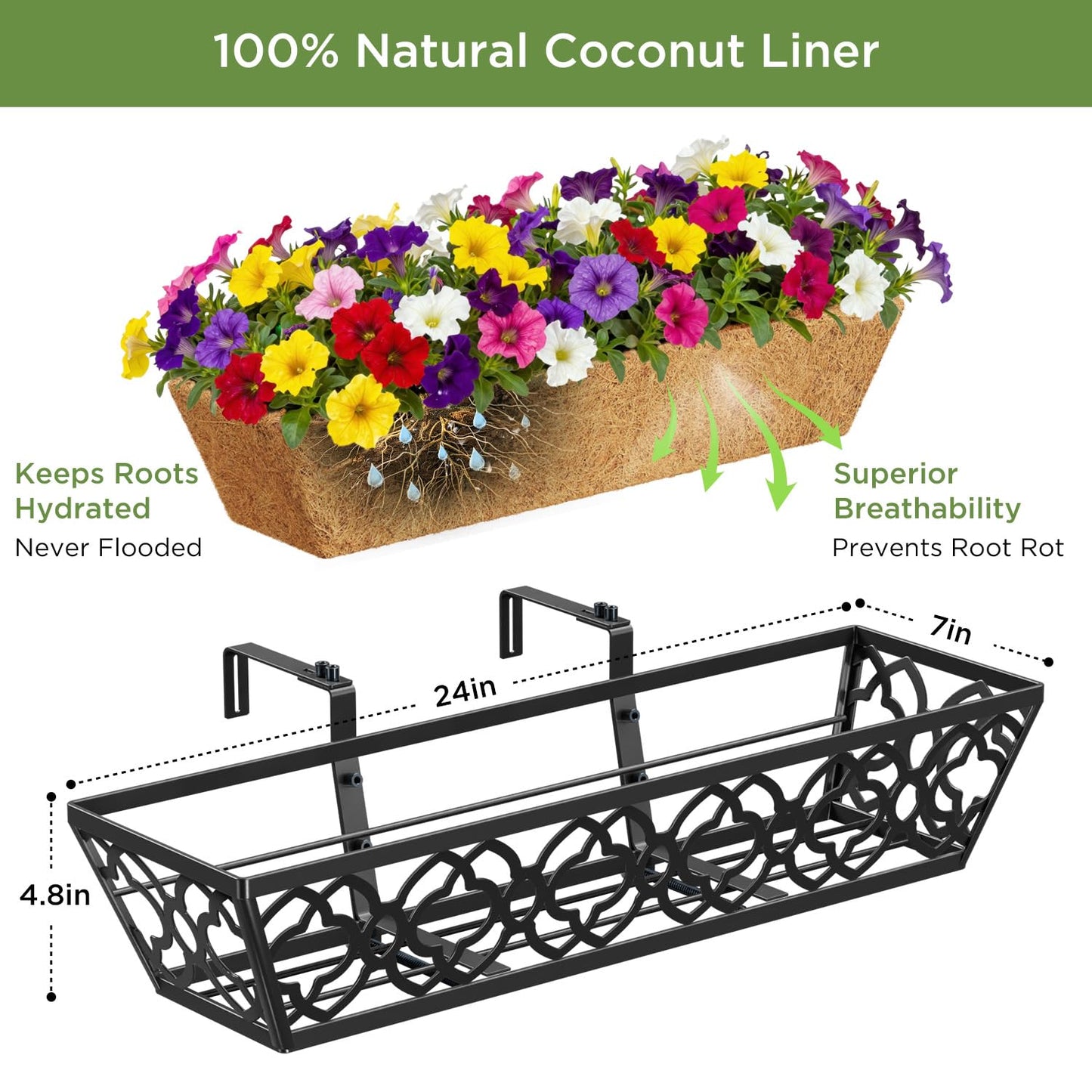 Y&M Deck Railing Planter Boxes, Adjustable Balcony Planter for Outdoor Plants, Metal Railing Planter Box for Deck, Fence and Porch, Window Boxes Outdoor, Sturdy Hanging Planter-24inch 2pcs