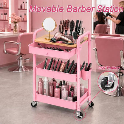 3 Tier Pink Rolling Cart with Drawer for Makeup Storage, Metal Utility Cart with Wheels, Make up Shelf Hair/Lash/Nail Polish/Skincare/Perfume Organizer, Floor Storage Vanity Carts for Bathroom,Salon