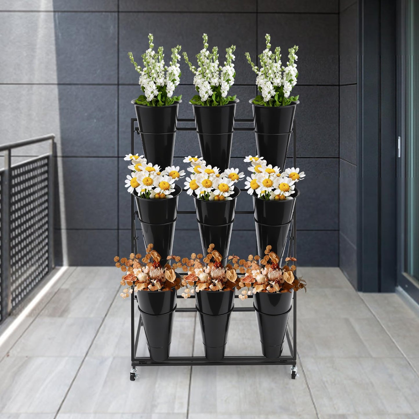 lxrnqcey Flower Display Stand, Moving Plant Cart Shelf Indoor Outdoor Flower Rack with 9Pcs Buckets, 3 Layers Metal Plant Holder with Wheels for Patio Balcony Garden (Black)