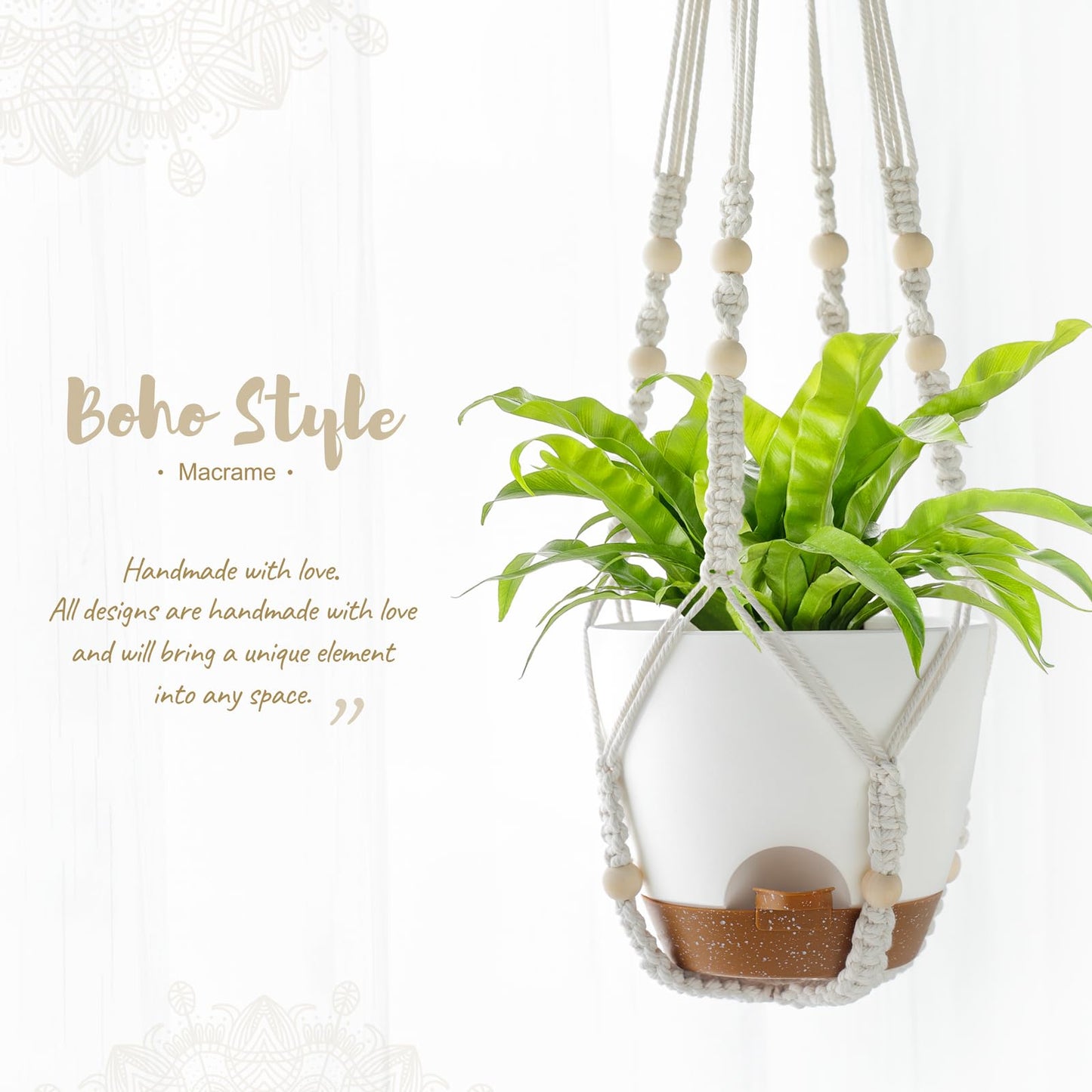 Mkono 6.5 Inch Hanging Planters, Macrame Plant Hangers with Self Watering Plant Pots Indoor Set of 2 Hanging Baskets Flower Pot Holders with Hooks No Tassels for Boho Home Decor, Ivory