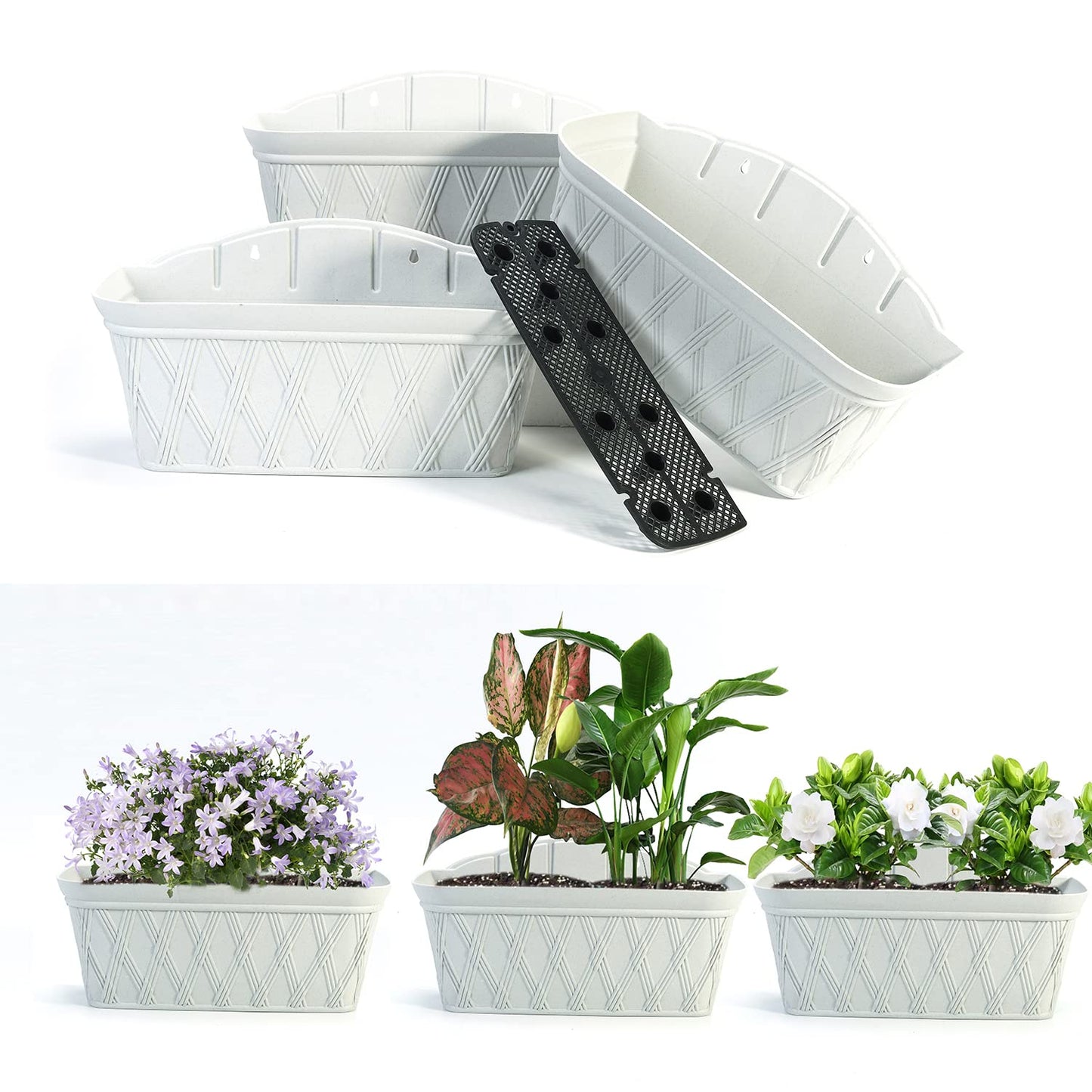 Sungmor 3 Pack Wall Hanging Planters, 16.5 Inch Railing Fence Hanging Flower Pots, Thickened Plastic Water Storage Plant Pot, Indoor Outdoor Garden Balcony Decor, Light Grey Large Plant Basket