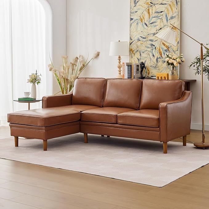 Kingfun 88" L-Shape Sofa, Faux Leather Sectional Couch, Mid Century Modern