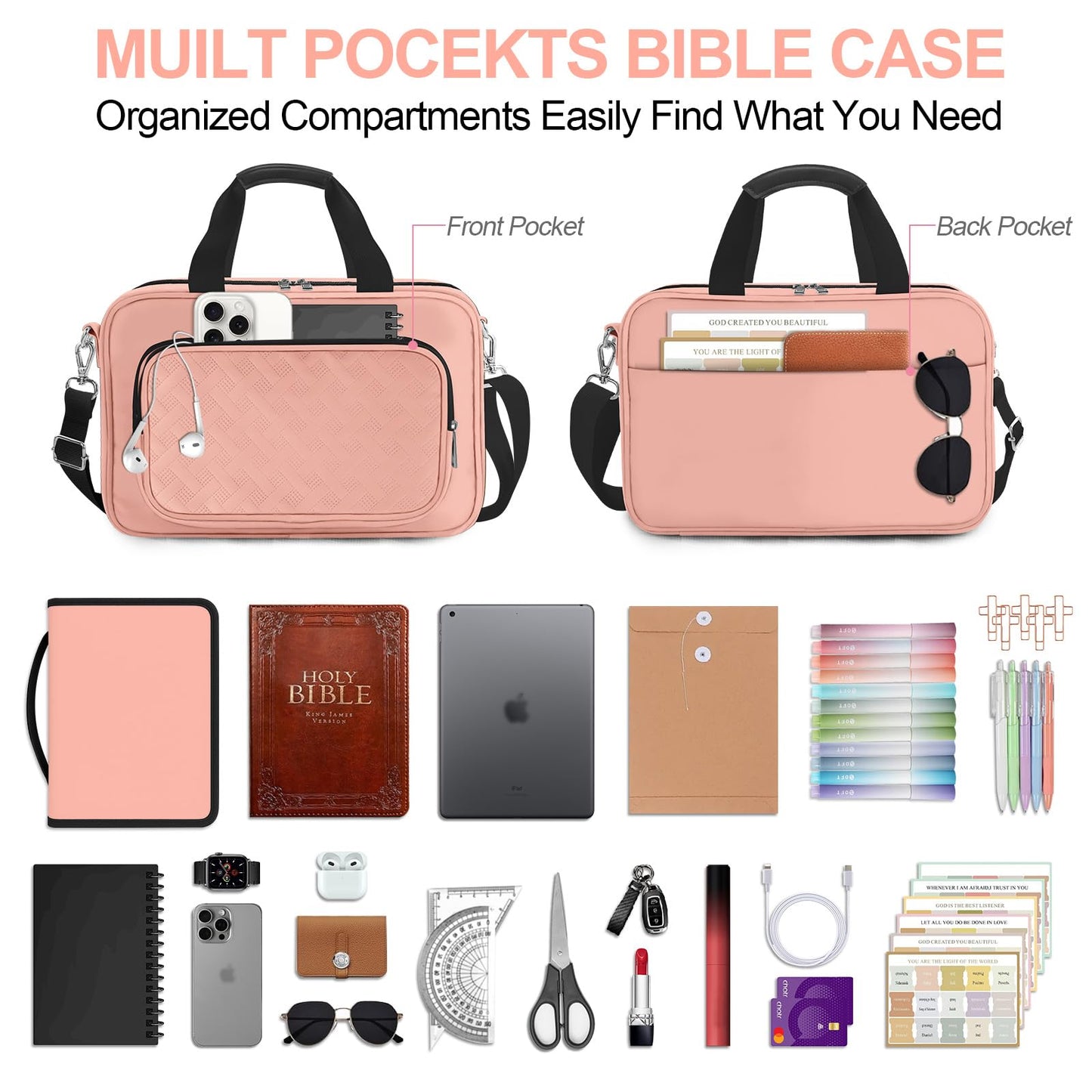 IBOVODI Pink Large Bible Cover Case for Women, Bible Study Supplies Bible Journaling Kit Book Carrying Case Church Bag with Shoulder Strap Handle Zipper Pocket, Christian Gifts