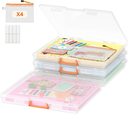 Lifewit 4 Pcs Board Game Storage Boxes, 12.2x10.6'' Paper Container with Secure Latch, Plastic Portable Organizer with Handle & Labels for File,Document, Puzzles, Cards, Art Supplies