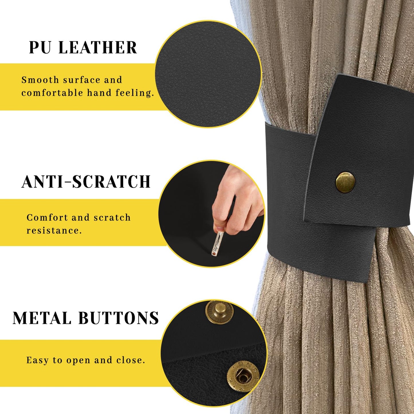 Realand 6Pcs Wide PU Leather Curtain Tiebacks, Elegant Buckle Curtain Tie Backs Decorative Curtain Holdbacks Holders for Home Outdoor Curtains and Drapes, Black